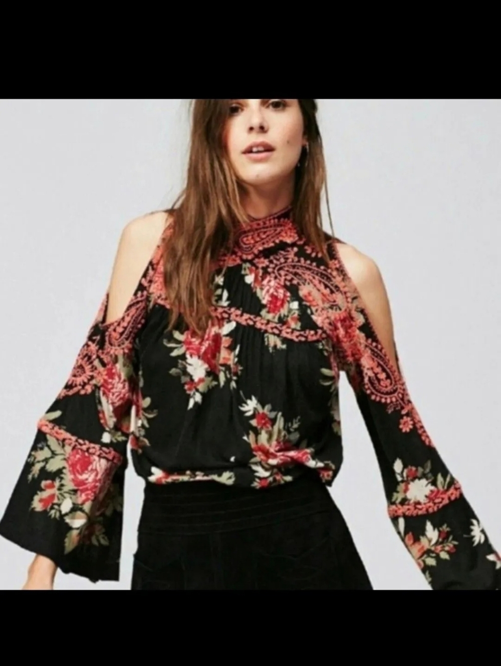 Free People Black Cold-Shoulder Floral Blouse with Coral Accents
